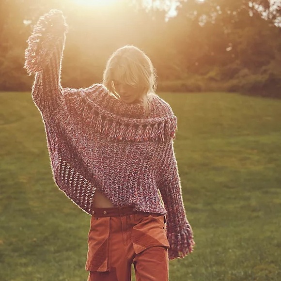 Free People One Kinsley Fringe Woven Cowl Neck Foldover Sweater - Picture 1 of 6